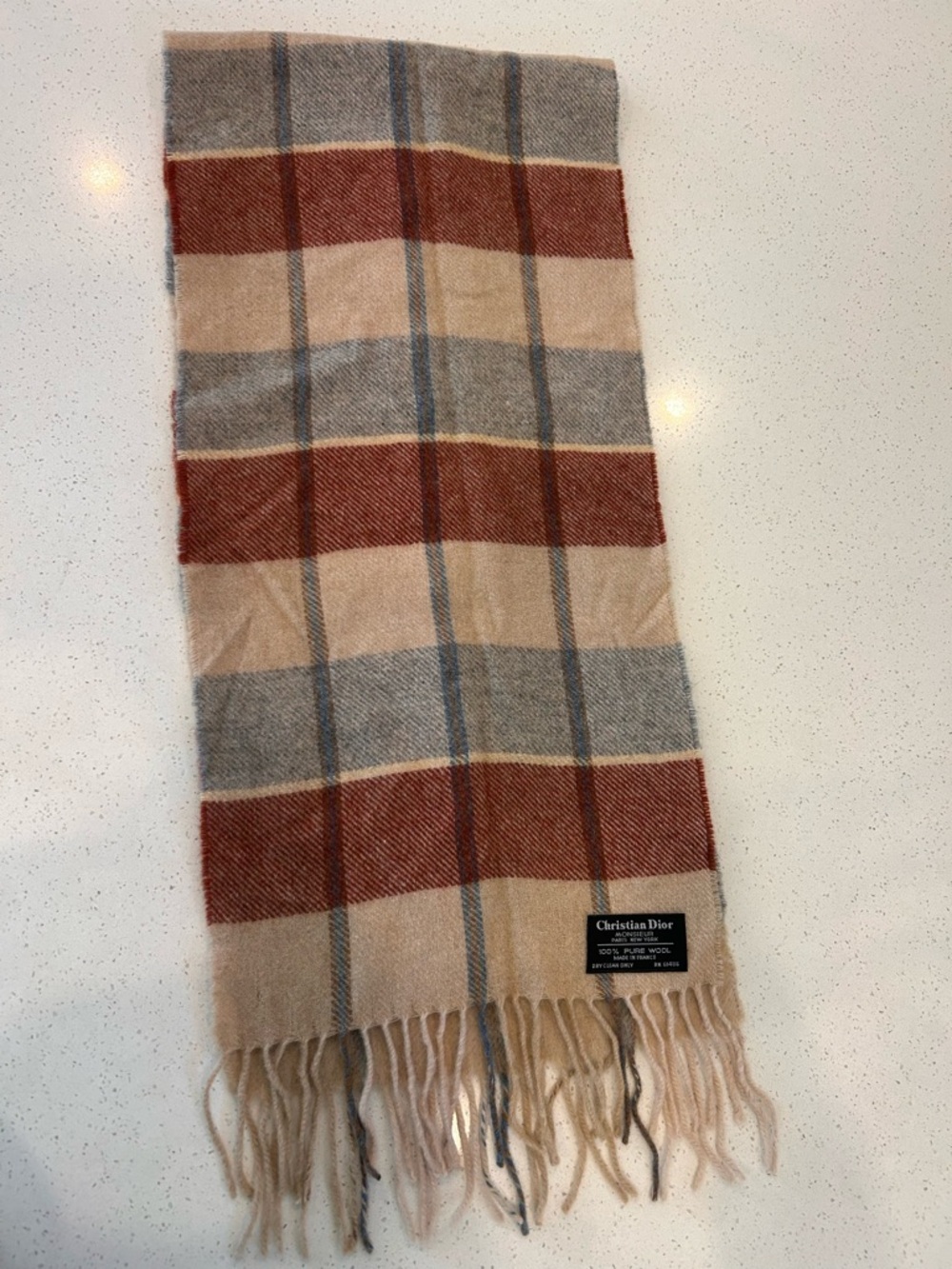 Dior Plaid Wool Scarf in Beige with Rust & Light Blue Accents